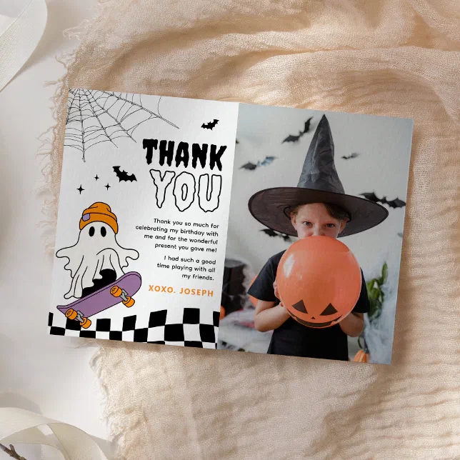 Boy Spooky Halloween Birthday Photo Thank You Card | Zazzle