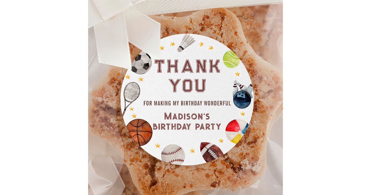 Boy Sports Ball Kids Birthday Thank You Classic Round Sticker | Zazzle