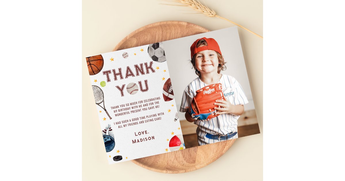 Boy Sports Birthday Photo Thank You Card | Zazzle