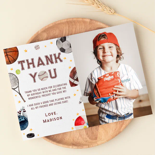 Boy Sports Birthday Photo Thank You Card | Zazzle