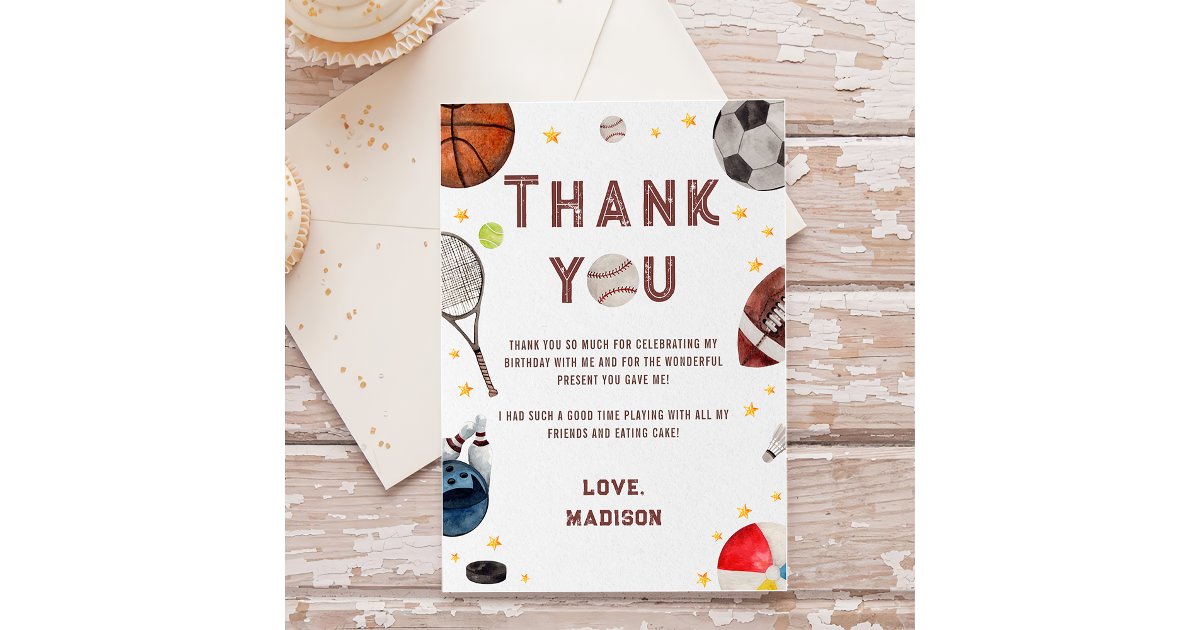 Boy Sports Birthday Thank You Card | Zazzle