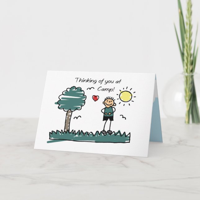 Boy Stick Figure Summer Camp Thinking of You Card (Front)
