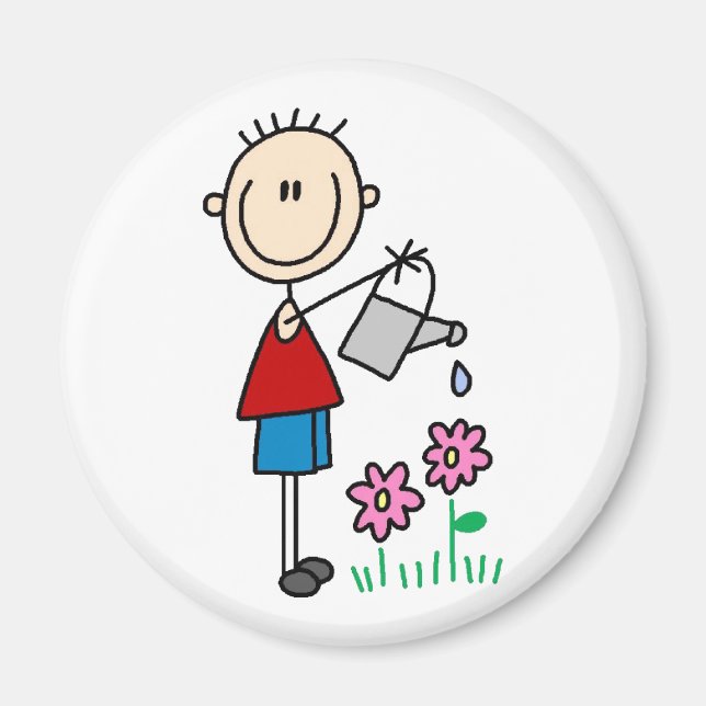 Boy Stick Figure Watering Flowers Magnet (Front)