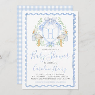 Boy Stork Baby Shower Preppy Gingham Blue Invitation