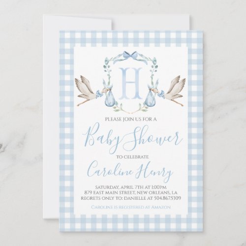 Boy Stork Baby Shower Preppy Gingham Blue Invitation