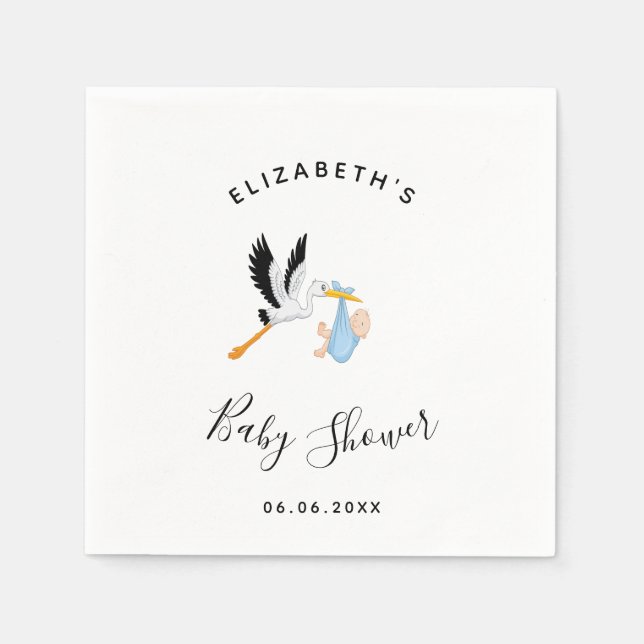 Boy stork blue white cute baby shower napkins (Front)
