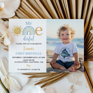 Boy Sunshine Rainbow Birthday Photo Invitation