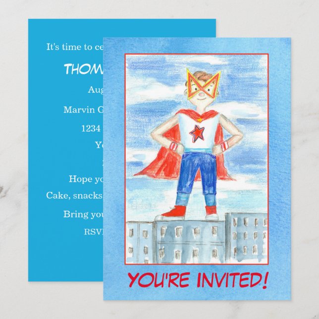 Boy Super Hero Birthday Party Invitation (Front/Back)