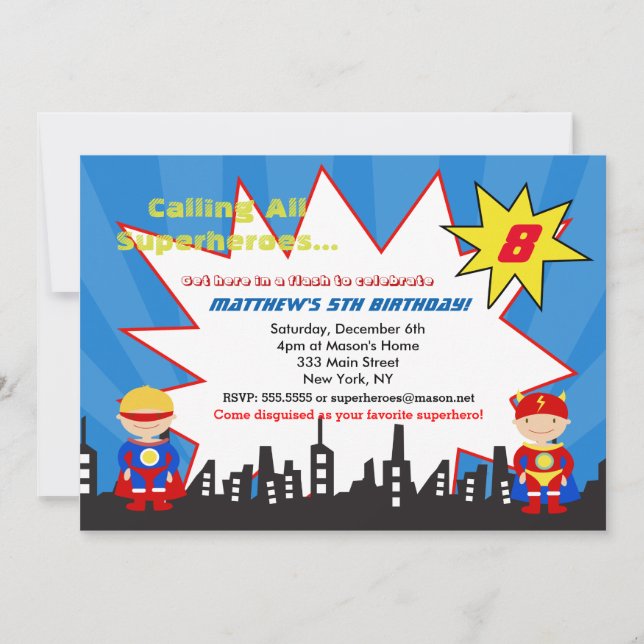 Boy Superhero Birthday Party Invitations (Front)