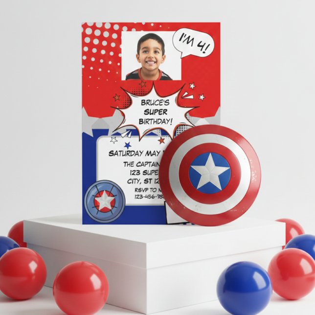 Boy Superhero, red, white, silver & blue birthday Invitation (Creator Uploaded)