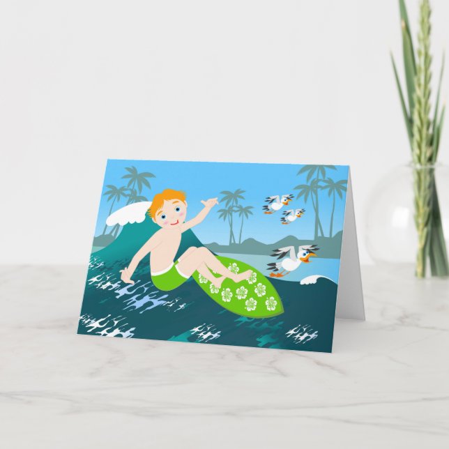 Boy surfs  big wave Birthday Party Card (Front)