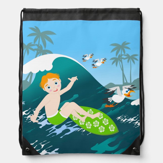 Boy surfs  big wave Birthday Party Drawstring Bag (Front)
