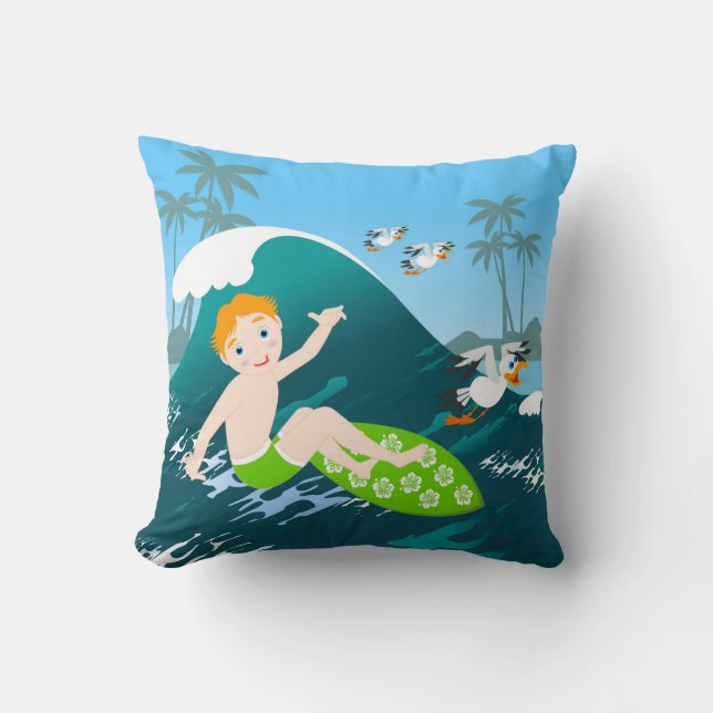 Boy surfs  big wave Birthday Party Throw Pillow (Front)