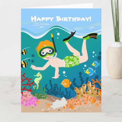 Boy swimmer has a birthday party card