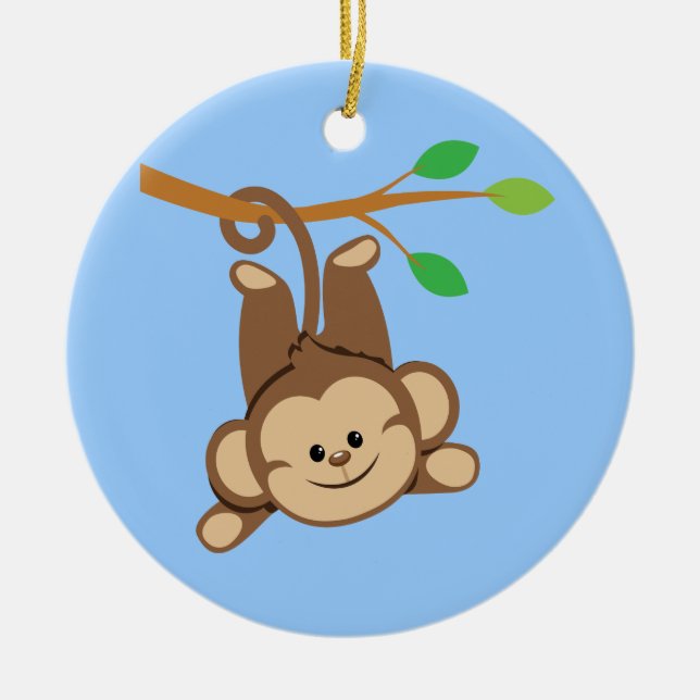 Boy Swinging Monkey Ceramic Ornament (Front)