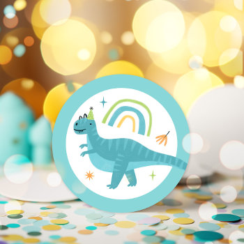 Boy T Rex Dinosaur Birthday Party Favors Classic Round Sticker by PixelPerfectionParty at Zazzle
