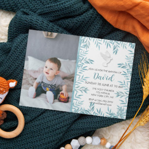 Boy Teal Blue Dove Watercolor Baptism Invitation