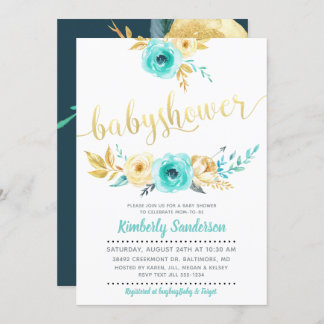 Boy Teal Blue Gold Floral Baby Shower Invitation