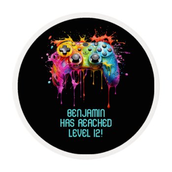 Boy Teal Level Up Video Game Party Edible Frosting Rounds by WittyPrintables at Zazzle