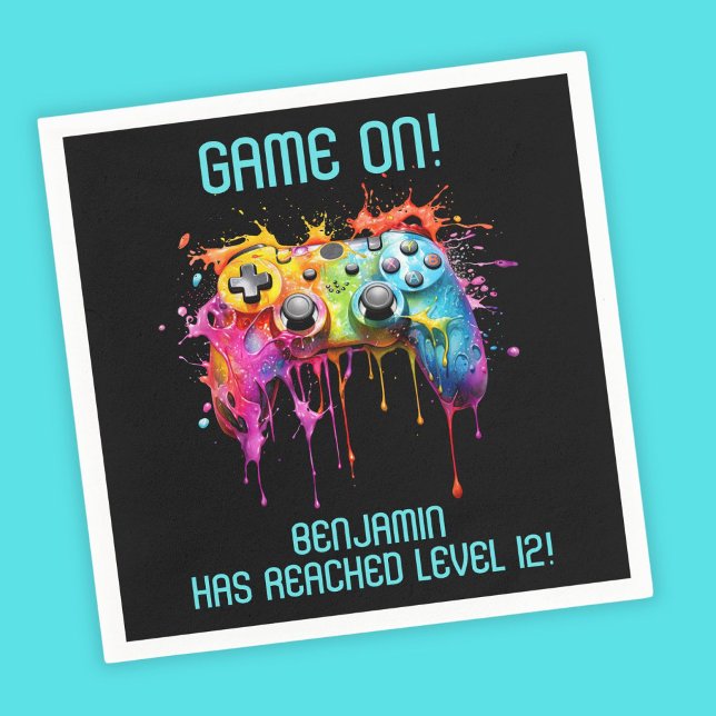 Boy Teal Level Up Video Game Party Napkins (Creator Uploaded)