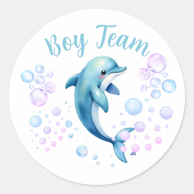 Boy Team Dolphin Gender Reveal Classic Round Sticker (Front)