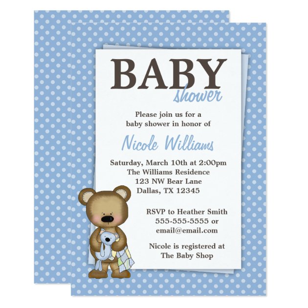 Boy Teddy Bear Baby Shower Blue Dots Invitation