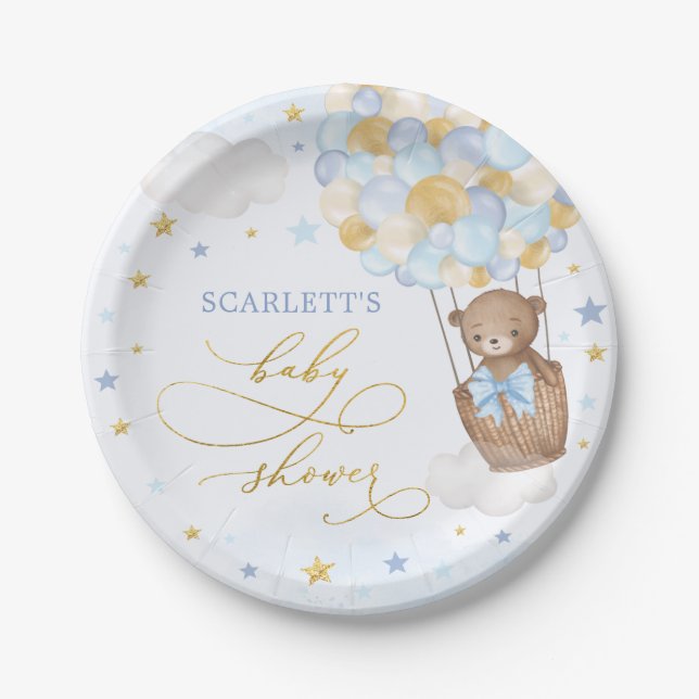 Boy Teddy Bear Baby Shower Blue Gold Stars Party Paper Plates (Front)