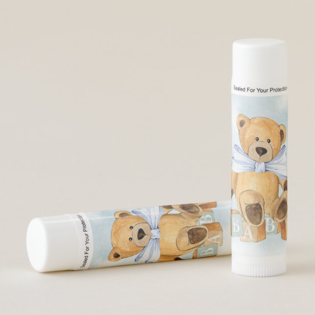 Boy Teddy Bear Baby Shower Lip Balm Favors (Front)