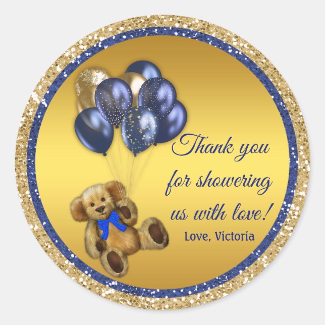 Boy Teddy Bear Balloon Baby Shower Favor Stickers (Front)