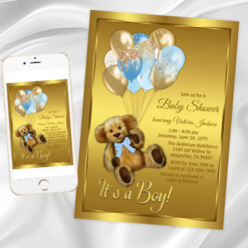 Boy Teddy Bear Balloon Baby Shower Invitation by The_Baby_Boutique at Zazzle