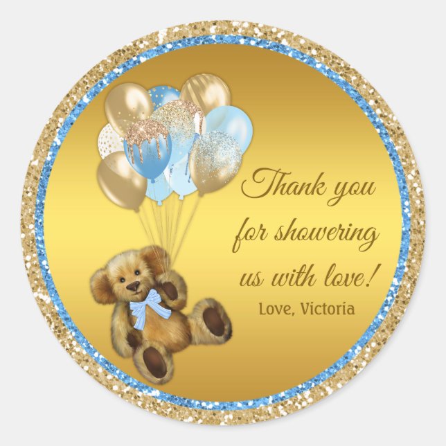 Boy Teddy Bear Balloon Baby Shower Stickers (Front)
