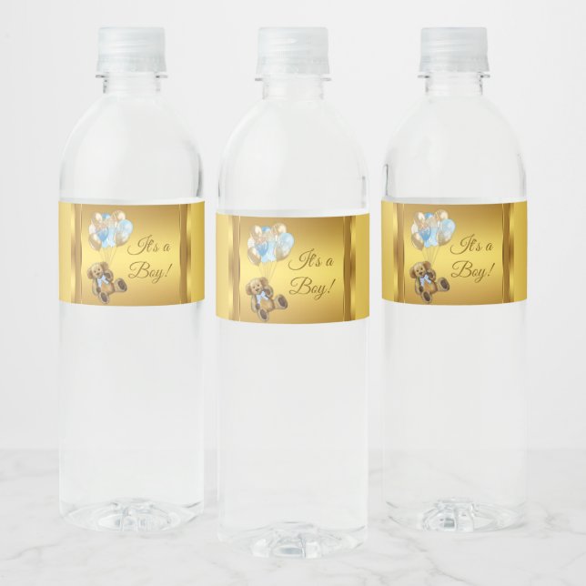 Boy Teddy Bear Balloon Baby Shower Water Bottle Label (Bottles)