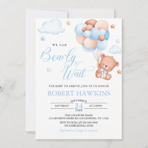 Boy Teddy Bear Balloon Bearly Wait Baby Shower Invitation