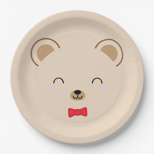 boy teddy bear BIRTHDAY PARTY red Paper Plates (Front)