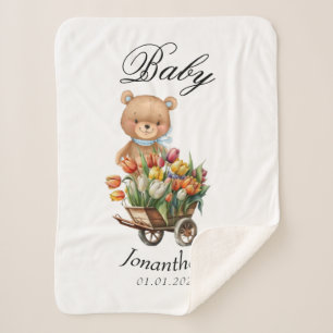 Boy Teddy Bear blue Baby Shower Floral Rustic Sherpa Blanket