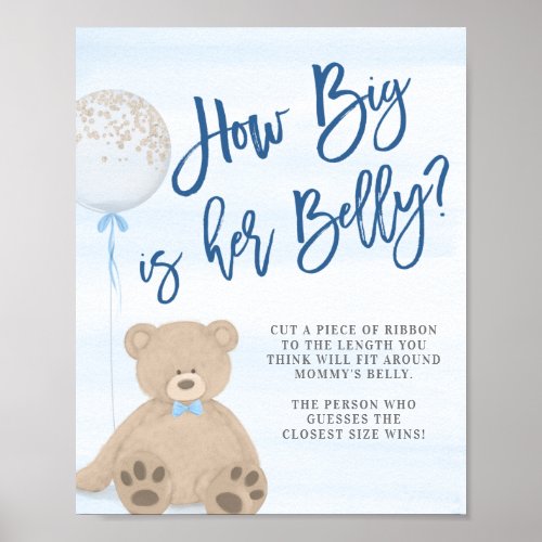 Boy Teddy Bear Blue Balloon Baby Shower Belly Game Poster