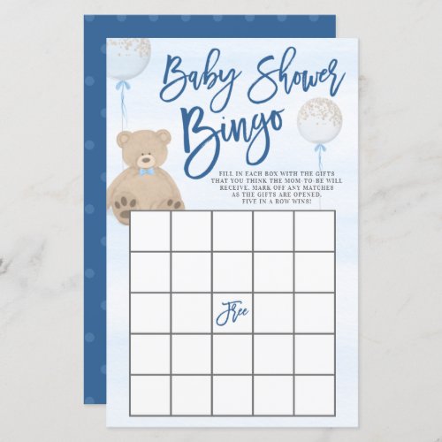 Boy Teddy Bear Blue Balloon Baby Shower Bingo