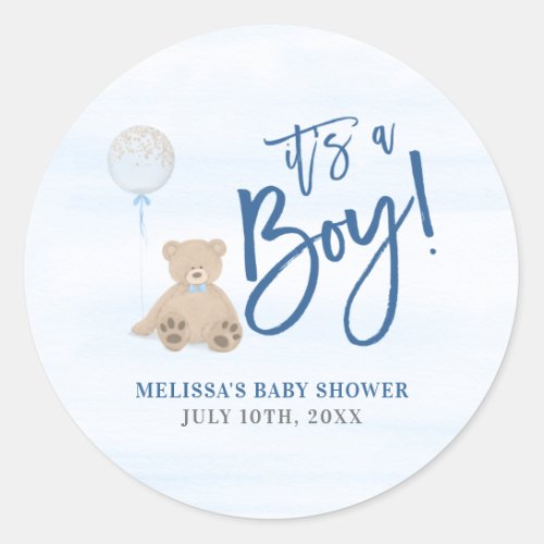 Boy Teddy Bear Blue Balloon Baby Shower Classic Round Sticker