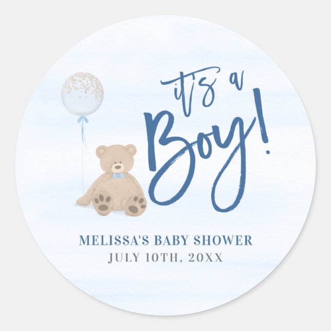 Boy Teddy Bear Blue Balloon Baby Shower Classic Round Sticker (Front)