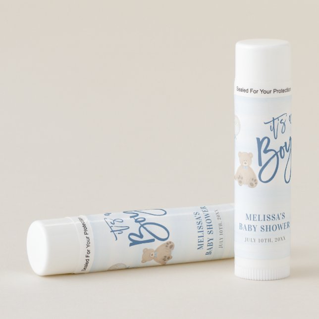 Boy Teddy Bear Blue Balloon Baby Shower Favors Lip Balm (Front)