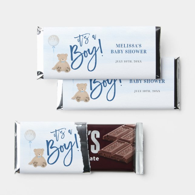Boy Teddy Bear Blue Balloon Baby Shower Hershey Bar Favors (Front)