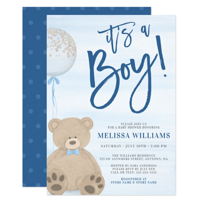 boy teddy bear blue balloon baby shower invitation  zazzle
