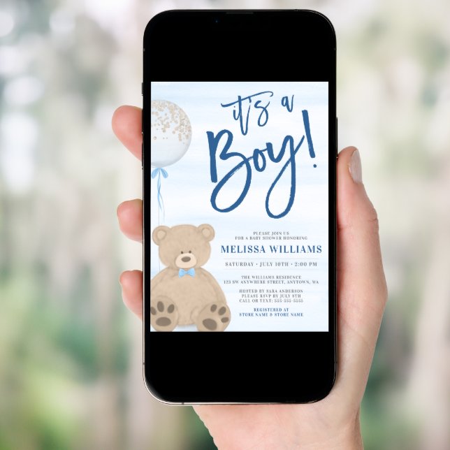 Boy Teddy Bear Blue Balloon Baby Shower Invitation (Front Digital)