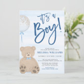 Boy Teddy Bear Blue Balloon Baby Shower Invitation (Standing Front)