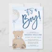 Boy Teddy Bear Blue Balloon Baby Shower Invitation (Front)
