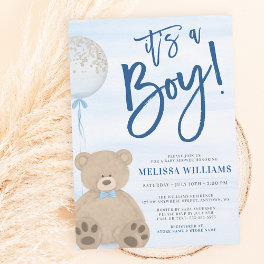 Boy Teddy Bear Blue Balloon Baby Shower Invitation