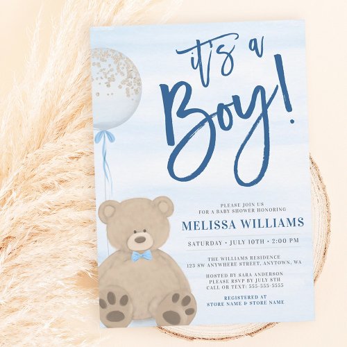 Boy Teddy Bear Blue Balloon Baby Shower Invitation