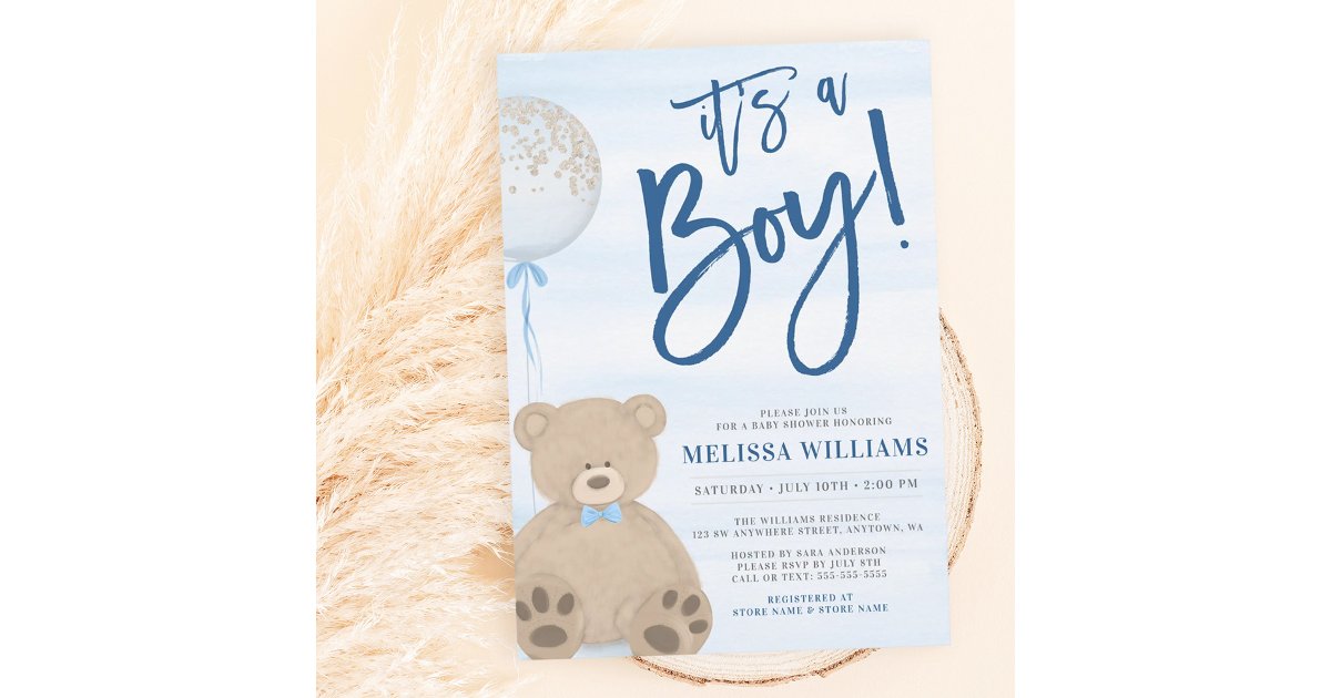 Boy Teddy Bear Blue Balloon Baby Shower Invitation | Zazzle