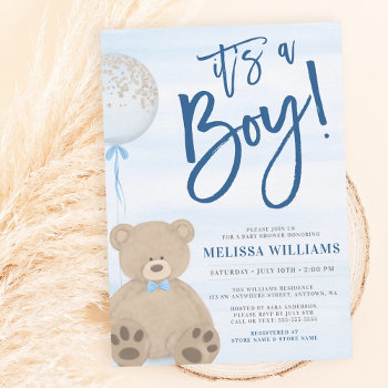 Boy Teddy Bear Blue Balloon Baby Shower Invitation by printcreekstudio at Zazzle
