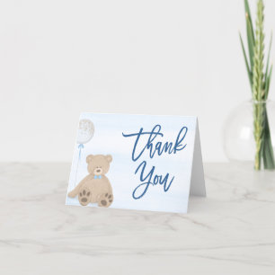 Boy Teddy Bear Blue Balloon Baby Shower Letterpress Thank You Card